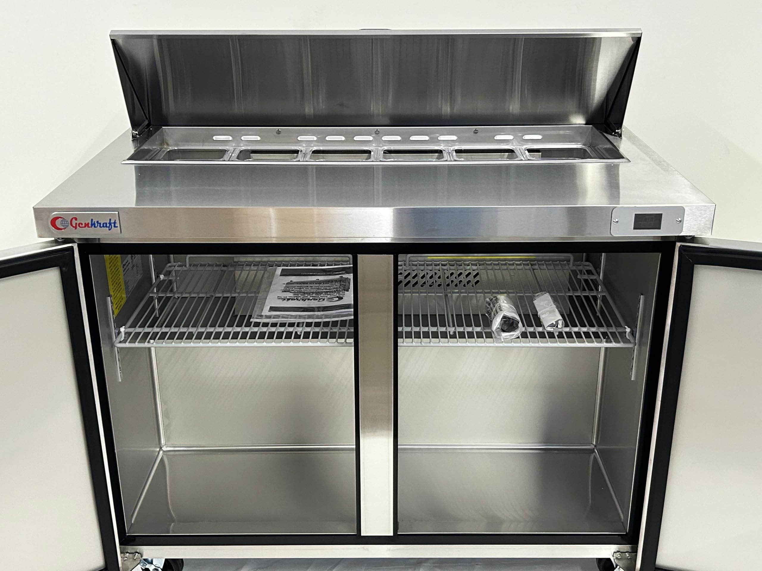 GenKraft Commercial Refrigerated - Salad/Sandwich Prep Table 48", 12 pan Capacity, Refrigerated Stainless Prep Table, used in Restaurants, Food Trucks, Fast Food Shops etc.