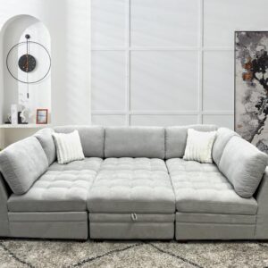 Iconik Living Sectional Modular Couch Sectional Sleeper Sofa Couch with Storage Ottoman Oversized Sofa Bed Sectional Light Gray Set