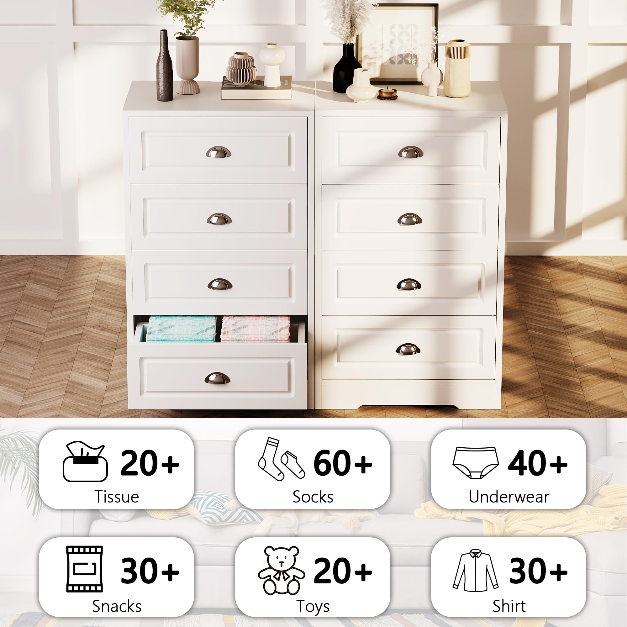 Meilocar Dresser with 4 Drawers, Wood Dresser White Vertical Dresser Chest of Drawers, Closet Organizer Unit for Living Room, Black Dresser for Bedroom, Hallway (White)