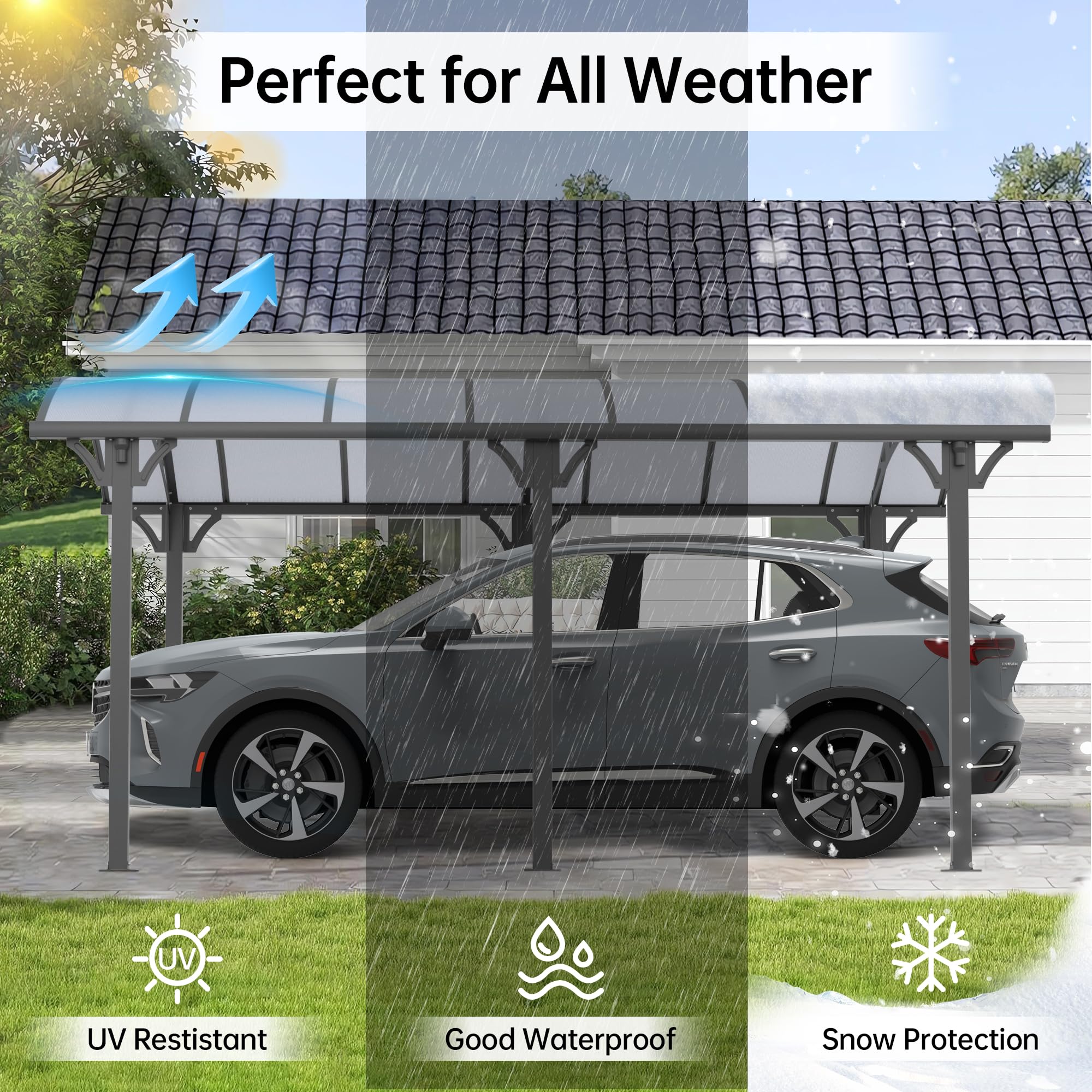 Real Relax 12 x 16 ft Metal Carport Kits with Polycarbonate Panel, Heavy Duty Metal Carport Canopy, Outdoor Car Tent Metal Garage Shelter for Car, Truck and Boats, Grey