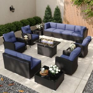 kholh patio furniture set with fire pit table, 15 pieces outdoor all-weather wicker conversation sectional chair sofa set with 4 swivel chairs