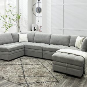 Iconik Living Sectional Modular Couch Sectional Sleeper Sofa Couch with Storage Ottoman Oversized Sofa Bed Sectional Light Gray Set