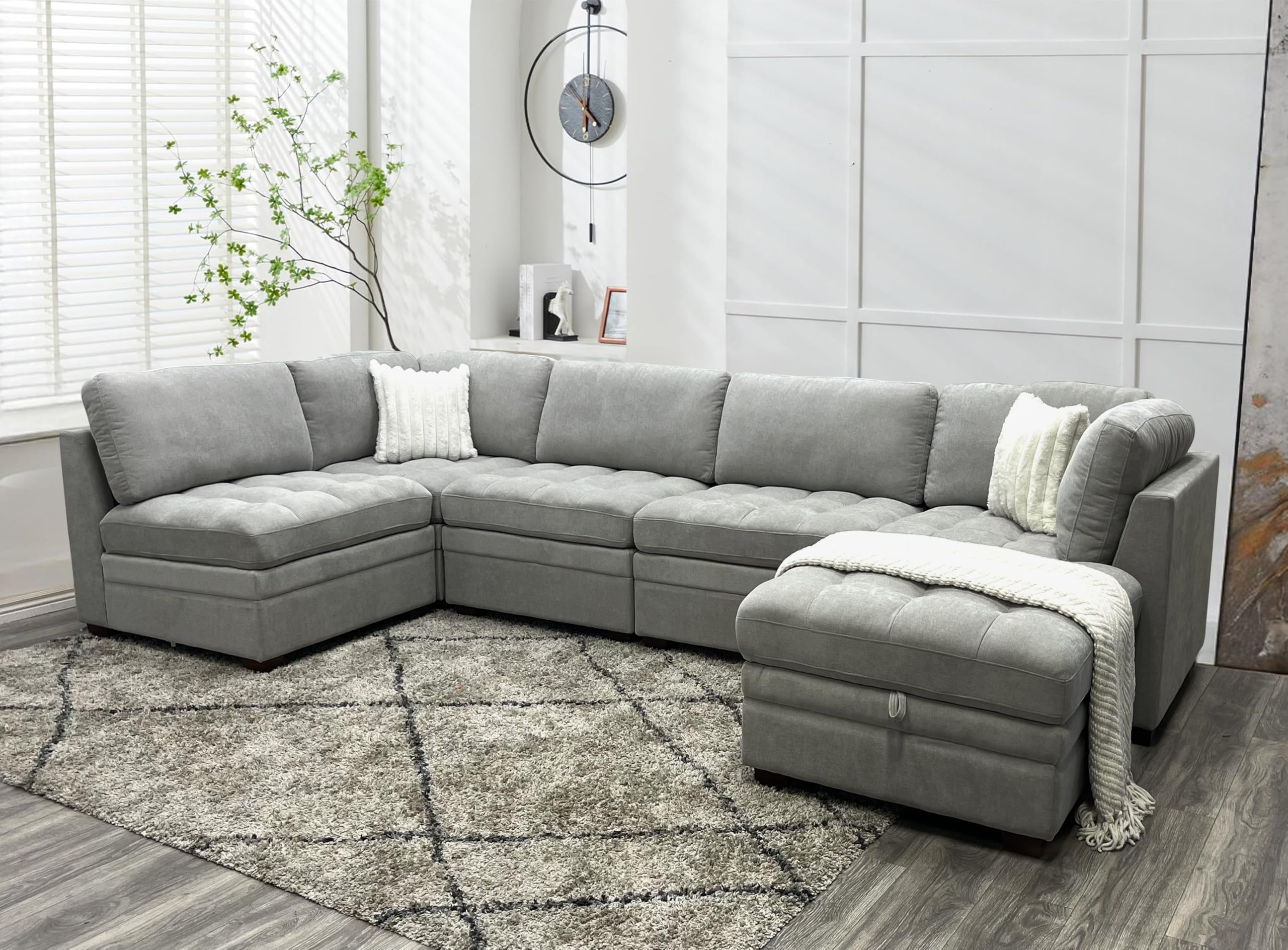 Iconik Living Sectional Modular Couch Sectional Sleeper Sofa Couch with Storage Ottoman Oversized Sofa Bed Sectional Light Gray Set