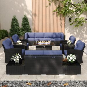 KHOLH Patio Furniture Set with Fire Pit Table, 15 Pieces Outdoor All-Weather Wicker Conversation Sectional Chair Sofa Set with 4 Swivel Chairs