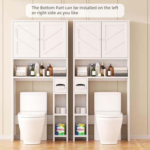 Shintenchi Over The Toilet Storage Cabinet, Bathroom Storage Cabient with Barn Doors, Bathroom Storage Shelf Organizer with Toilet Paper Holder, Adjustable Shelf and Anti-Tip Device, White