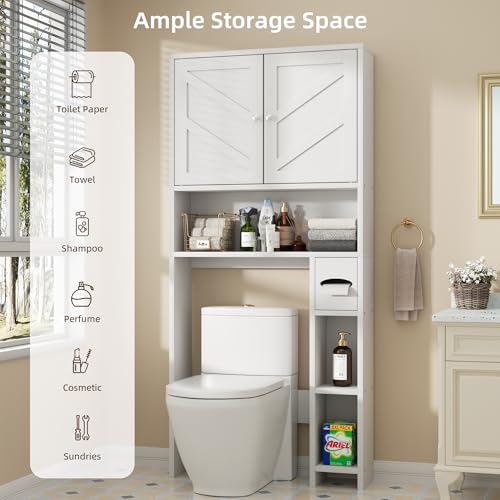 Shintenchi Over The Toilet Storage Cabinet, Bathroom Storage Cabient with Barn Doors, Bathroom Storage Shelf Organizer with Toilet Paper Holder, Adjustable Shelf and Anti-Tip Device, White