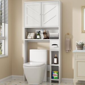 shintenchi over the toilet storage cabinet, bathroom storage cabient with barn doors, bathroom storage shelf organizer with toilet paper holder, adjustable shelf and anti-tip device, white