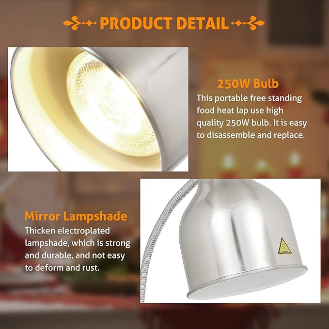 Food Warmer Lamp, 250w Catering Heat Lamp, Food Heat Lamps, 360° Free-Rotating, Independent Switch, Heat Dissipation Hole, for Restaurant Kitchen Food Service Buffet Home