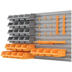 star20xx durhand 44pcs wall mounted pegboard tool organizer rack kit with various sized storage bins, pegboard, & hooks, orange