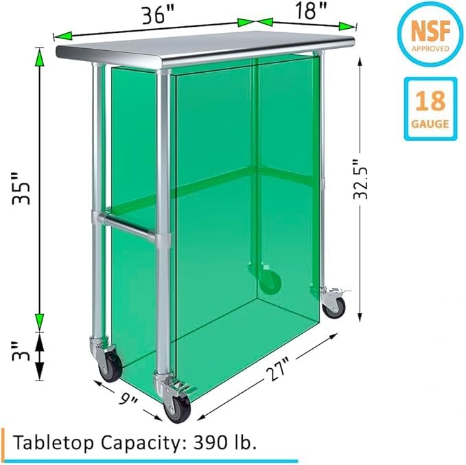 Express KitchQuip Stainless Steel Work Table Open Base & Wheels | Work Station | Metal Work Bench (Stainless Steel Work Table Open Base + Casters) (36" Long x 18" Deep)