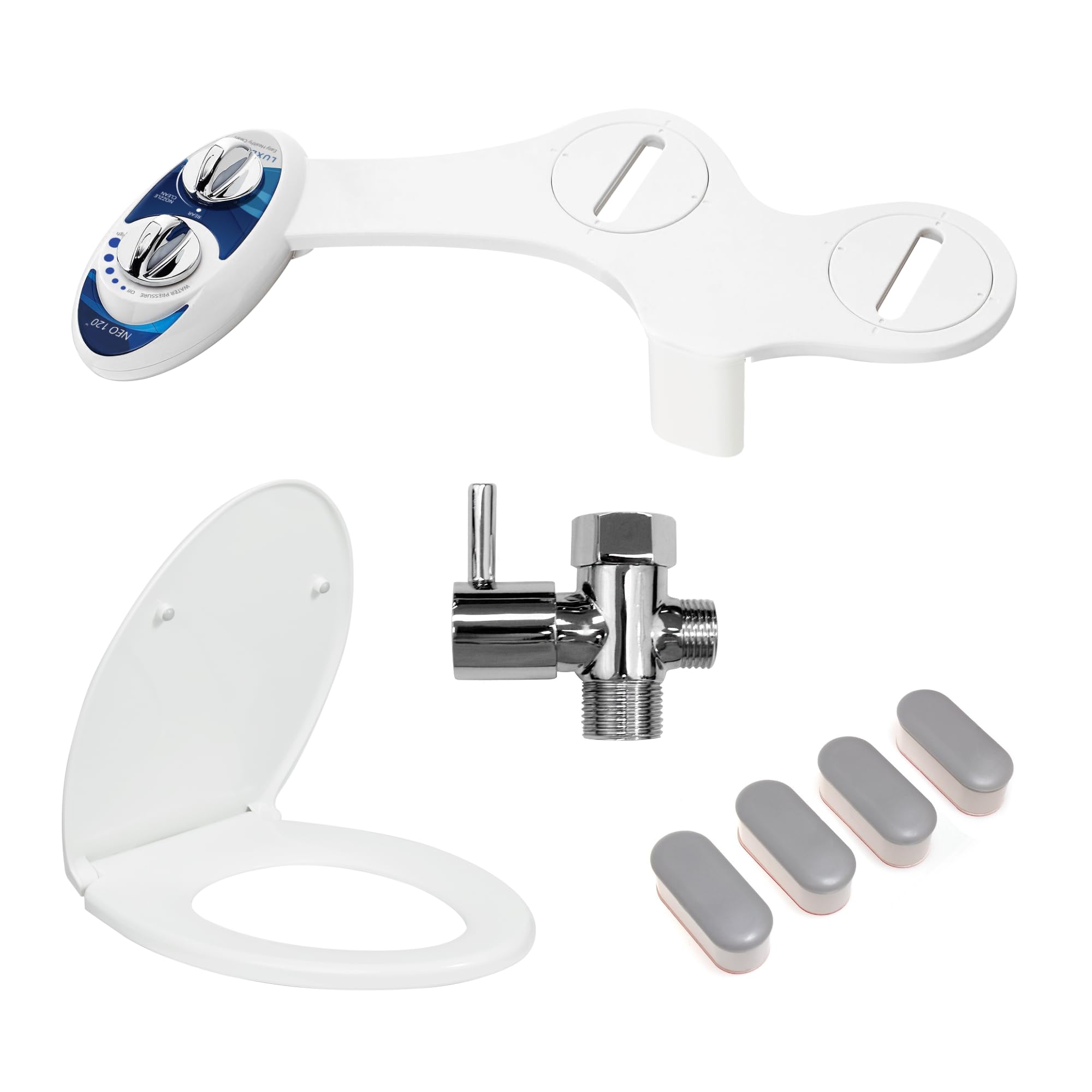 LUXE Bidet NEO 120 Blue Ultimate Upgrade Bundle - Self-Cleaning Non-Electric Bidet Attachment, Comfort Fit Elongated Toilet Seat, Shutoff Valve T-Adapter, and Toilet Seat Bumpers