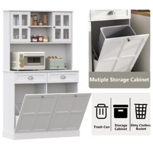 Double Tilt Out Trash Can Cabinet, 68" Tall Kitchen Pantry Storage Cabinet with 2 Drawers & Hutch & Microwave Coffee Stand, Freestanding 20 Gallon Trash Recycling Cabinet, Hidden Garbage Can Cabinet