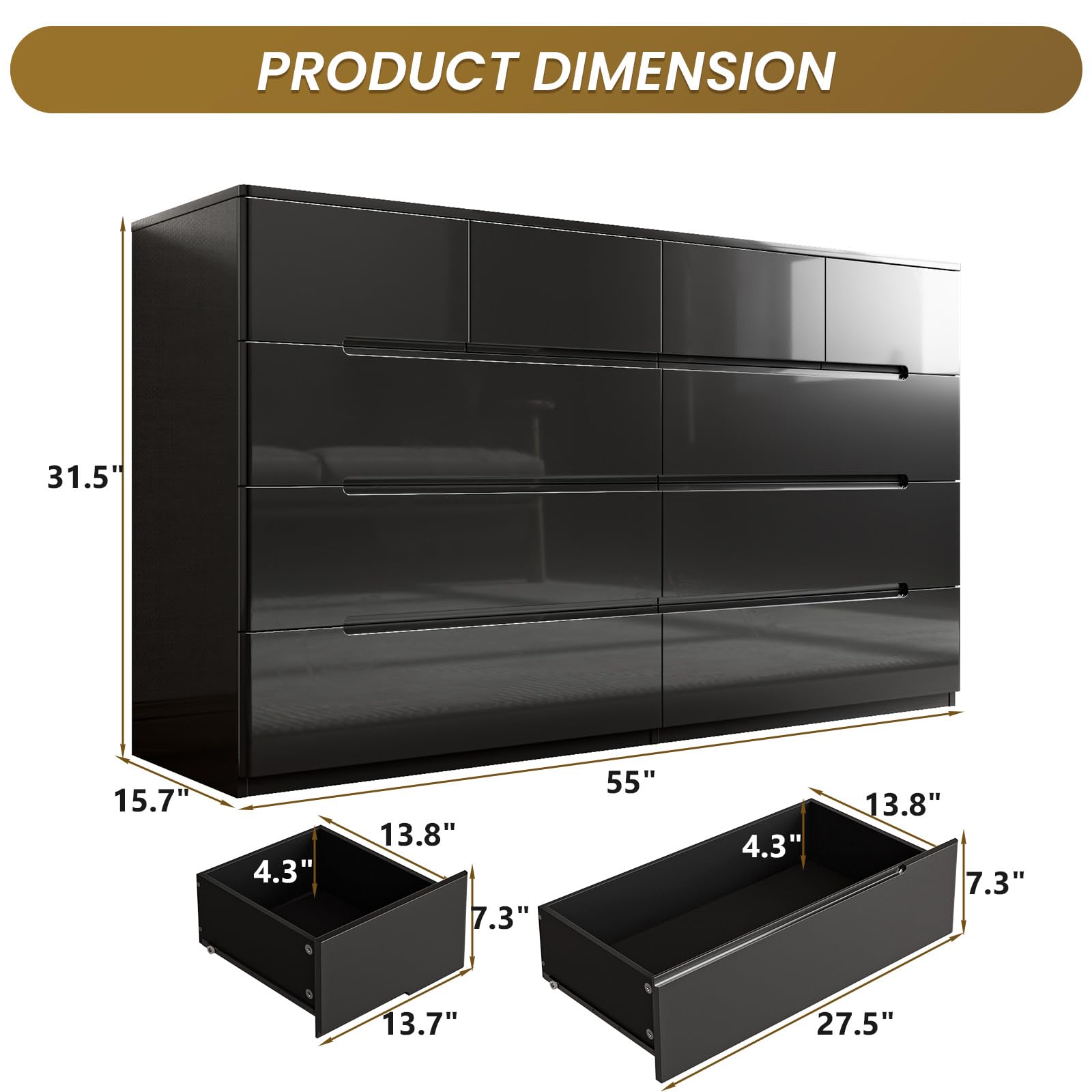 ZORPLIX Black Dresser for Bedroom, 10 Drawer Dresser, High Gloss Modern Dresser, 55" Long Dresser TV Stand, Large Double Dresser Chest of Drawers for Bedroom