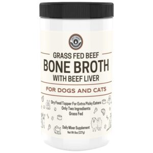 bone broth for dogs and cats with beef liver – human grade grass fed beef bone broth powder for dogs – dog food toppers for picky eaters - supports joints & gut health – freeze dried liver - 8oz