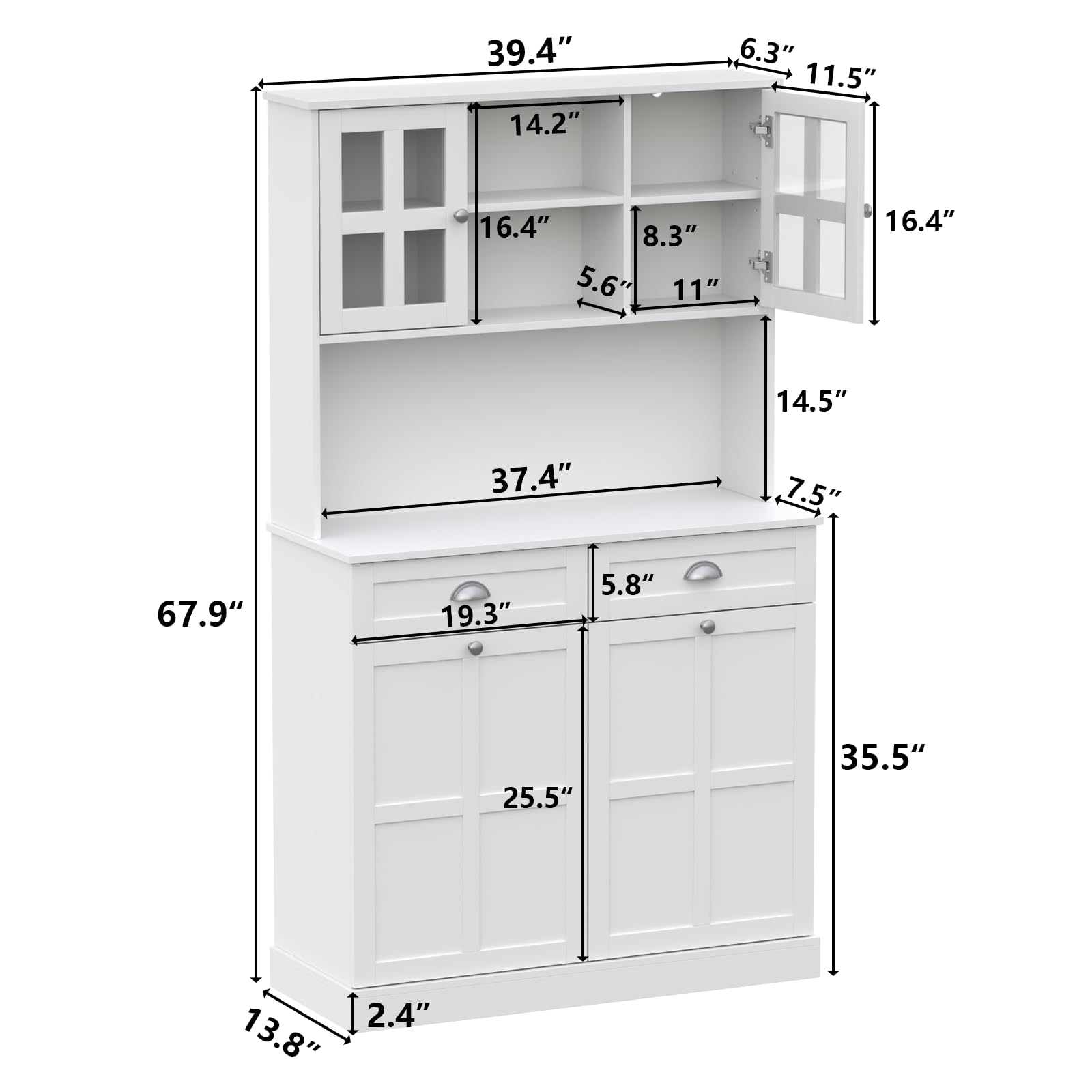 Double Tilt Out Trash Can Cabinet, 68" Tall Kitchen Pantry Storage Cabinet with 2 Drawers & Hutch & Microwave Coffee Stand, Freestanding 20 Gallon Trash Recycling Cabinet, Hidden Garbage Can Cabinet