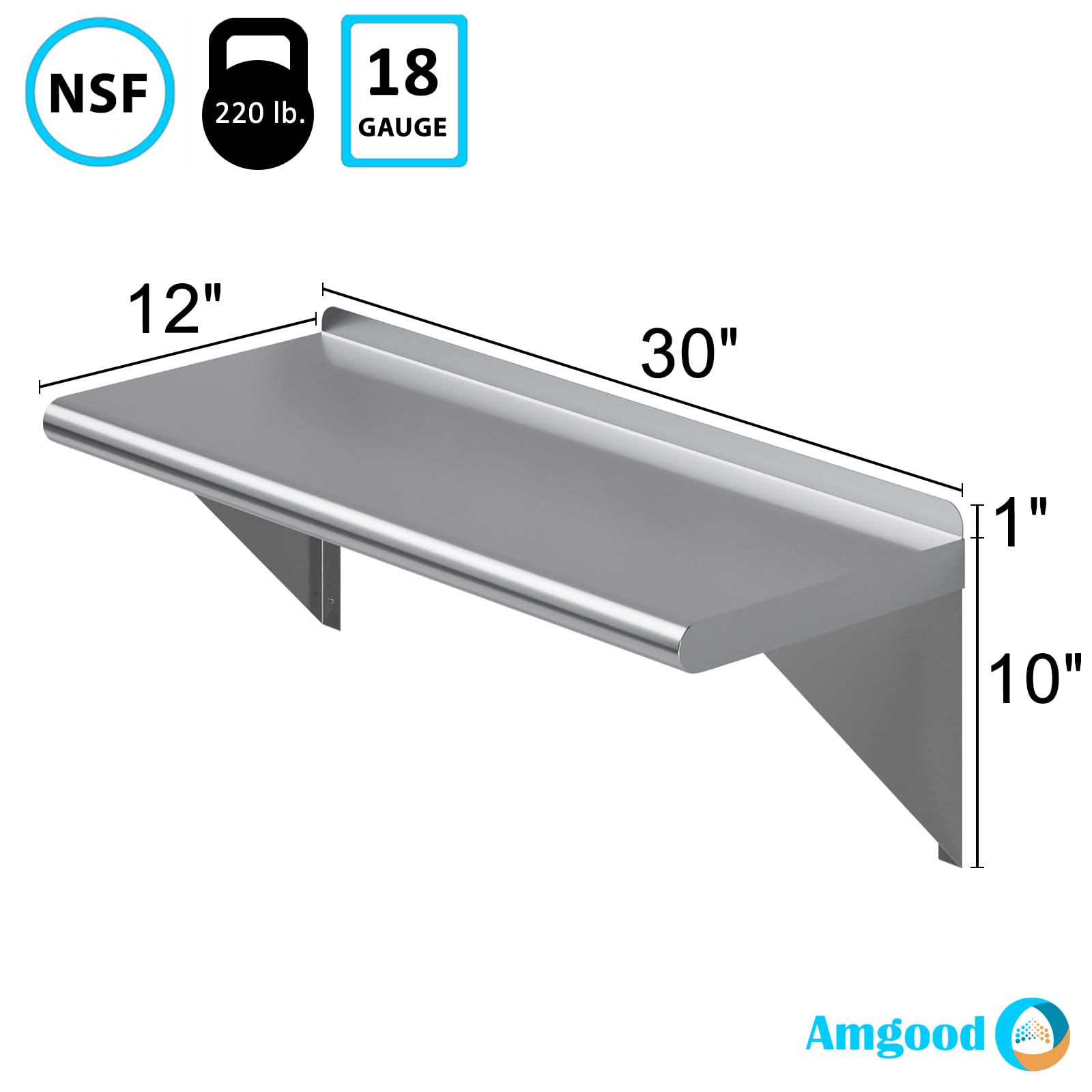 AmGood 12 in. x 30 in. Stainless Steel Wall Shelf | NSF Certified | Appliance & Equipment Metal Shelving | Kitchen, Restaurant, Garage, Laundry, Utility Room