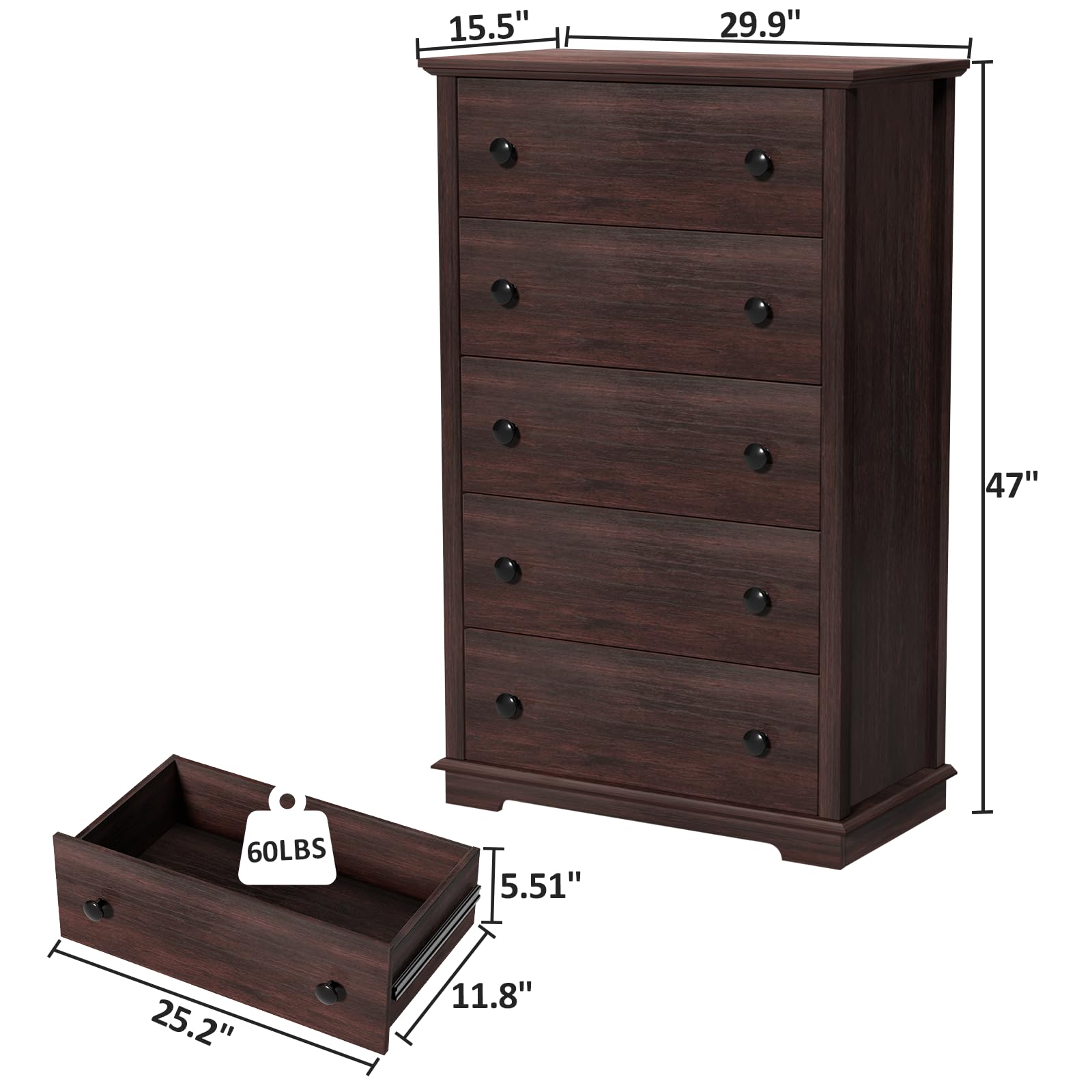 HIFYOBRO 5 Drawers Dresser, Double Anti-Tip, Tall Dresser for Bedroom, Wooden Organizer, Chest Dresser, Dresser with 5 Drawers, Storage Cabinet for Living Room/Hallway, Espresso