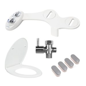 luxe bidet neo 120 white ultimate upgrade bundle - self-cleaning non-electric bidet attachment, comfort fit elongated toilet seat, shutoff valve t-adapter, and toilet seat bumpers