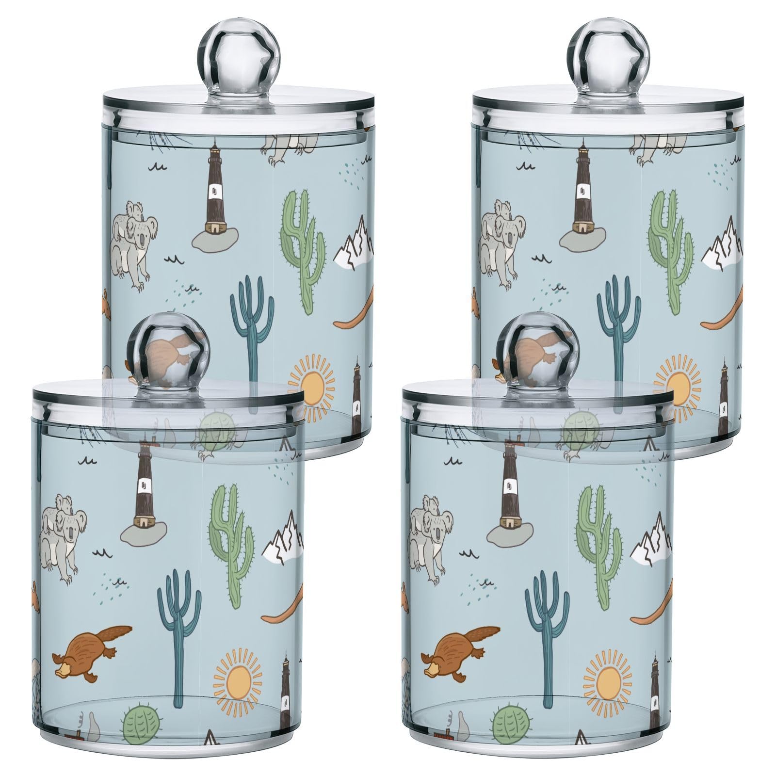 Australia Kangaroo Platypus Qtip Holder Dispenser Animals Cactus Bathroom Canister Storage Organization 2 Pack Clear Plastic Apothecary Jars with Lids Vanity Makeup Organizer For Cotton Swab Ball F