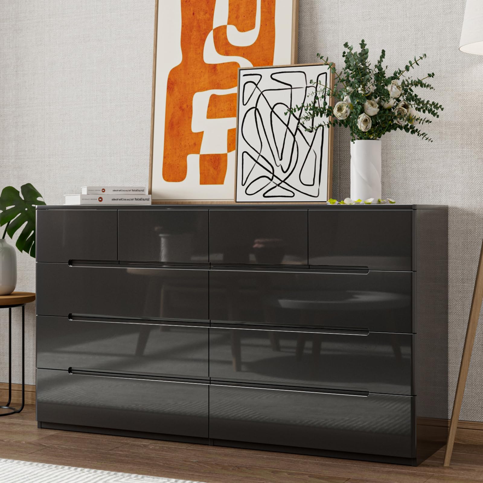 ZORPLIX Black Dresser for Bedroom, 10 Drawer Dresser, High Gloss Modern Dresser, 55" Long Dresser TV Stand, Large Double Dresser Chest of Drawers for Bedroom