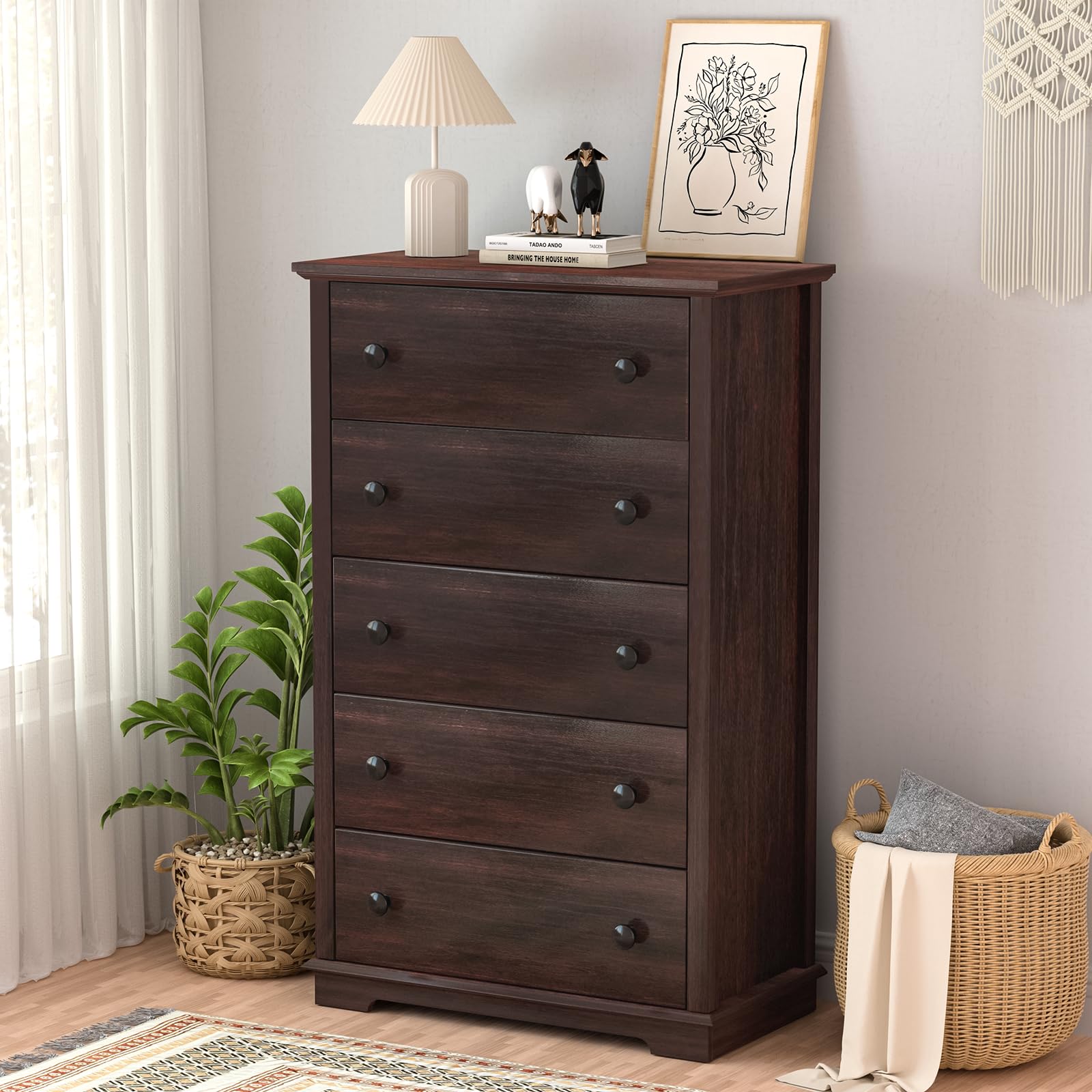 HIFYOBRO 5 Drawers Dresser, Double Anti-Tip, Tall Dresser for Bedroom, Wooden Organizer, Chest Dresser, Dresser with 5 Drawers, Storage Cabinet for Living Room/Hallway, Espresso