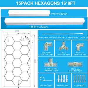 Hexagon Garage Light: Higher Brightness 720W 93600 Lumens Hexagon Led Garage Light with Rectangle Frame 6500K, 15 Hex Grid for Garage, Shop, Basement, Car Detailing Shop etc. with Mounting Clip