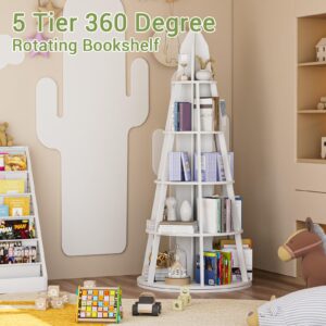 HPWLYO 5 Tier Rotating Book Shelf, 71 inch Spinning Bookshelf Tower, 360 Display Wood Standing Storage Rack,Revolving Corner Bookshelf for Bedroom,Study Room Black (White)