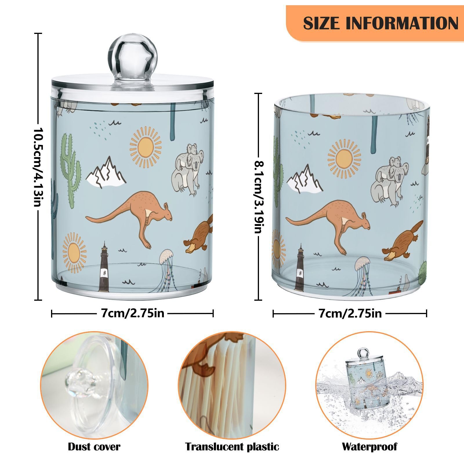 Australia Kangaroo Platypus Qtip Holder Dispenser Animals Cactus Bathroom Canister Storage Organization 2 Pack Clear Plastic Apothecary Jars with Lids Vanity Makeup Organizer For Cotton Swab Ball F