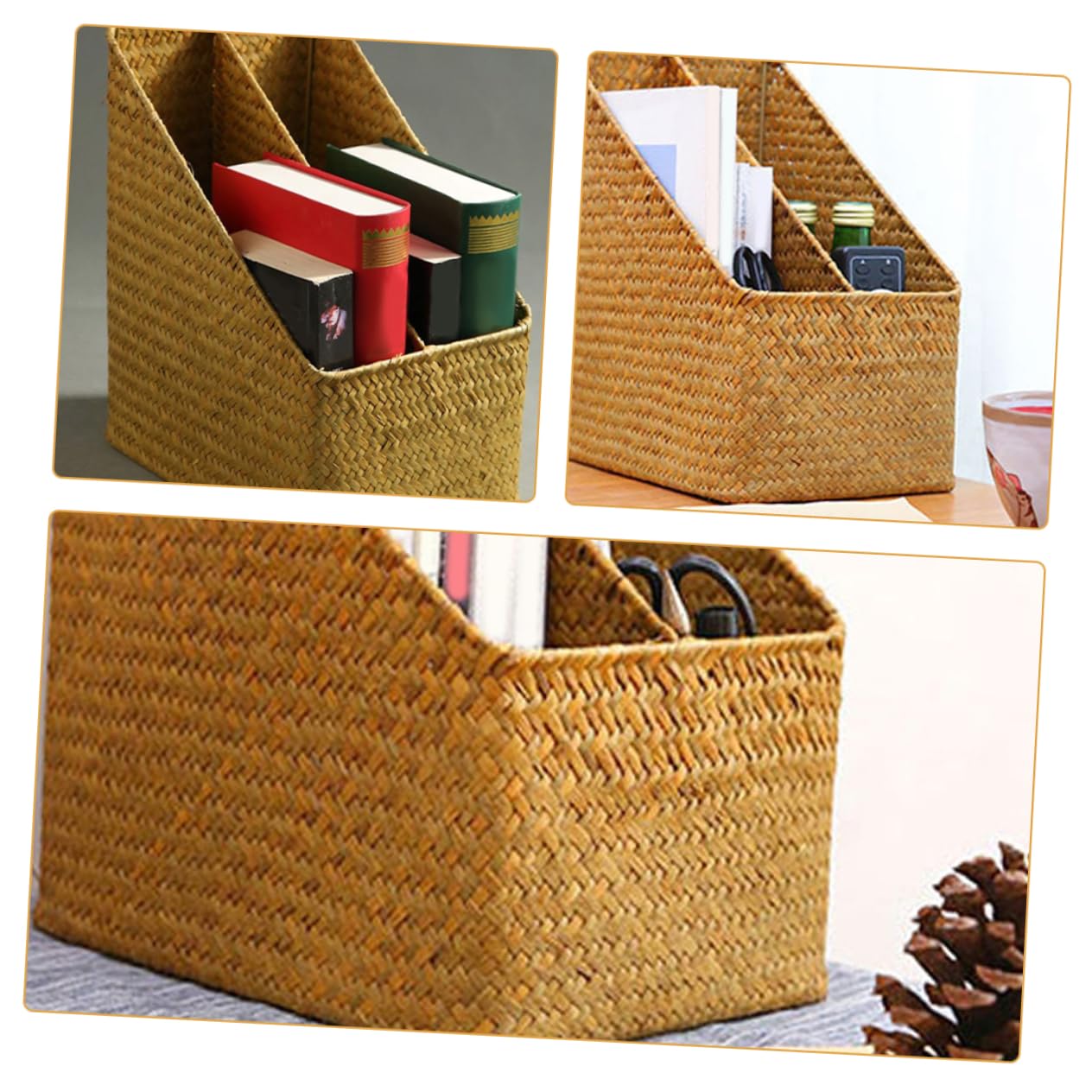 Mikinona File Storage Basket Baskets Magazine Storage Basket Bin Seagrass Magazine Holder Newspaper Basket Wicker Sundries Basket Wicker Magazine File Holder Boho Living Straw Light Brown