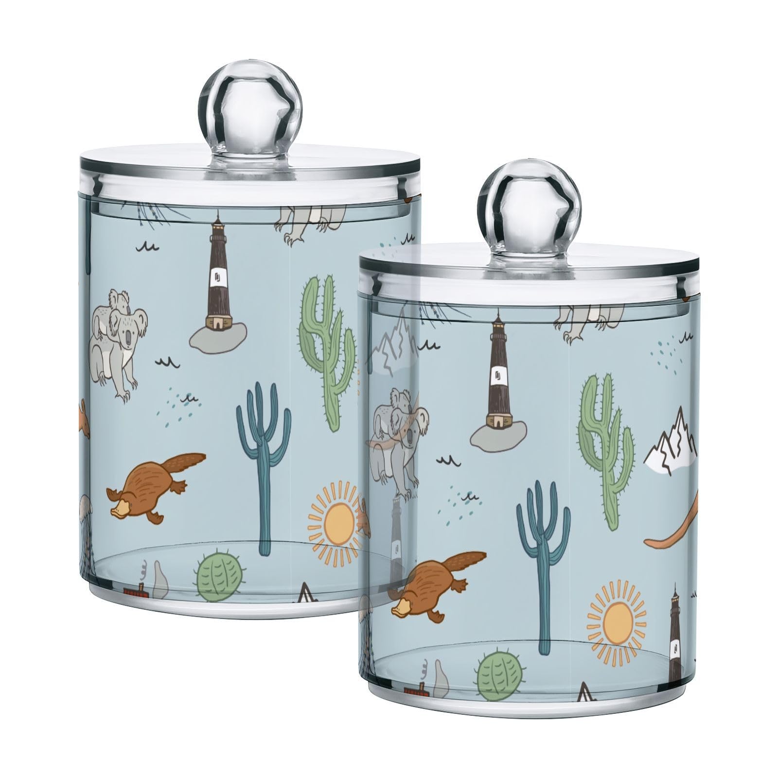 Australia Kangaroo Platypus Qtip Holder Dispenser Animals Cactus Bathroom Canister Storage Organization 2 Pack Clear Plastic Apothecary Jars with Lids Vanity Makeup Organizer For Cotton Swab Ball F