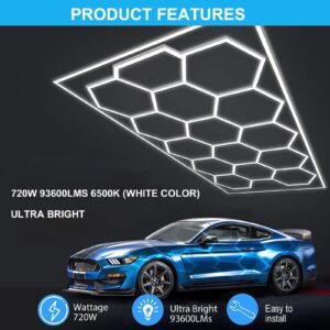 Hexagon Garage Light: Higher Brightness 720W 93600 Lumens Hexagon Led Garage Light with Rectangle Frame 6500K, 15 Hex Grid for Garage, Shop, Basement, Car Detailing Shop etc. with Mounting Clip