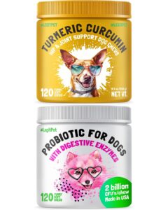 turmeric curcumin hip & joint dogs supplement anti-inflammatory support 120 chews and probiotics for dogs natural digestive enzymes prebiotics for allergy 120 chews