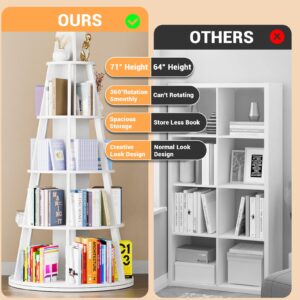 HPWLYO 5 Tier Rotating Book Shelf, 71 inch Spinning Bookshelf Tower, 360 Display Wood Standing Storage Rack,Revolving Corner Bookshelf for Bedroom,Study Room Black (White)