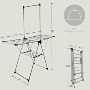 Home-Complete Clothes Drying Rack - 2-Level Laundry Drying Rack with 24 Drying Rails, Hanging Bar, and 2 Height-Adjustable Wings - Indoor/Outdoor Foldable Drying Rack (Platinum)