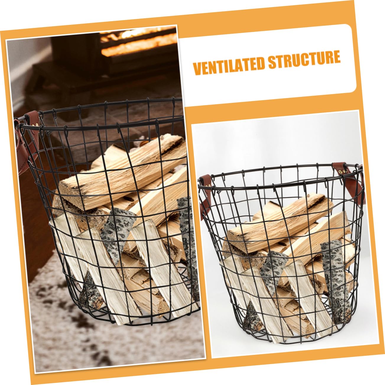 ANDRESLAD Firewood Storage Basket Laundry Basket Metal Hamper Farmhouse Organizer Bin Small Round Basket Black Blanket Basket Wire Basket for Blankets Wood Storage Racks Wire Trash Can Iron