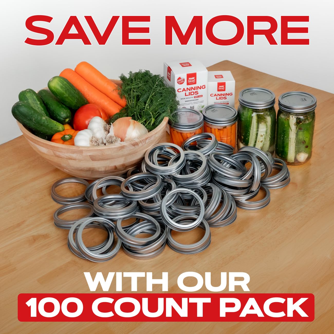 FORJARS - 100 Regular Mouth. Canning Rings are made of stainless steel. 0.5 Inch Height, 100-Piece Set. Regular mouth mason jar lids are secure with an airtight fit.