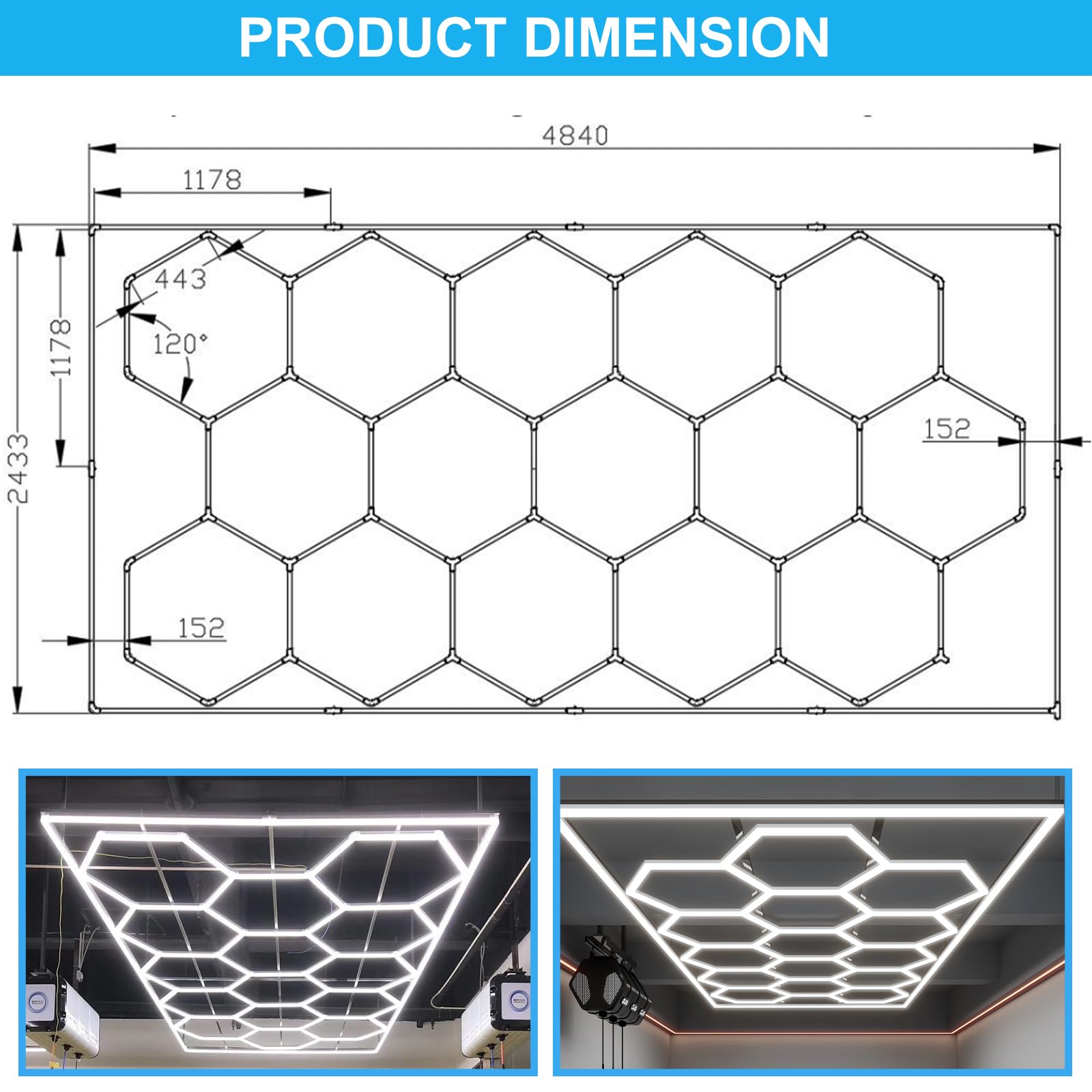 Hexagon Garage Light: Higher Brightness 720W 93600 Lumens Hexagon Led Garage Light with Rectangle Frame 6500K, 15 Hex Grid for Garage, Shop, Basement, Car Detailing Shop etc. with Mounting Clip