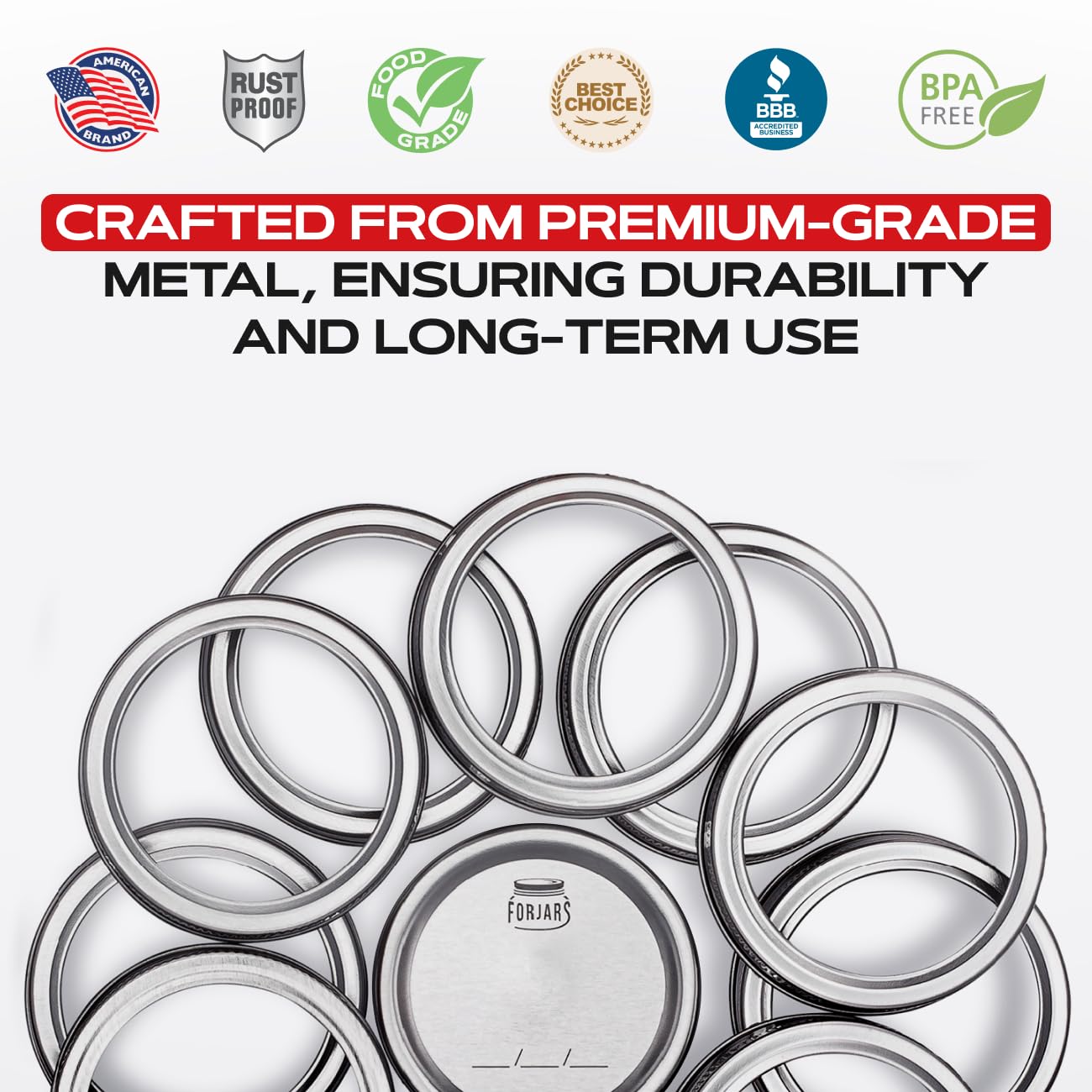 FORJARS - 100 Regular Mouth. Canning Rings are made of stainless steel. 0.5 Inch Height, 100-Piece Set. Regular mouth mason jar lids are secure with an airtight fit.