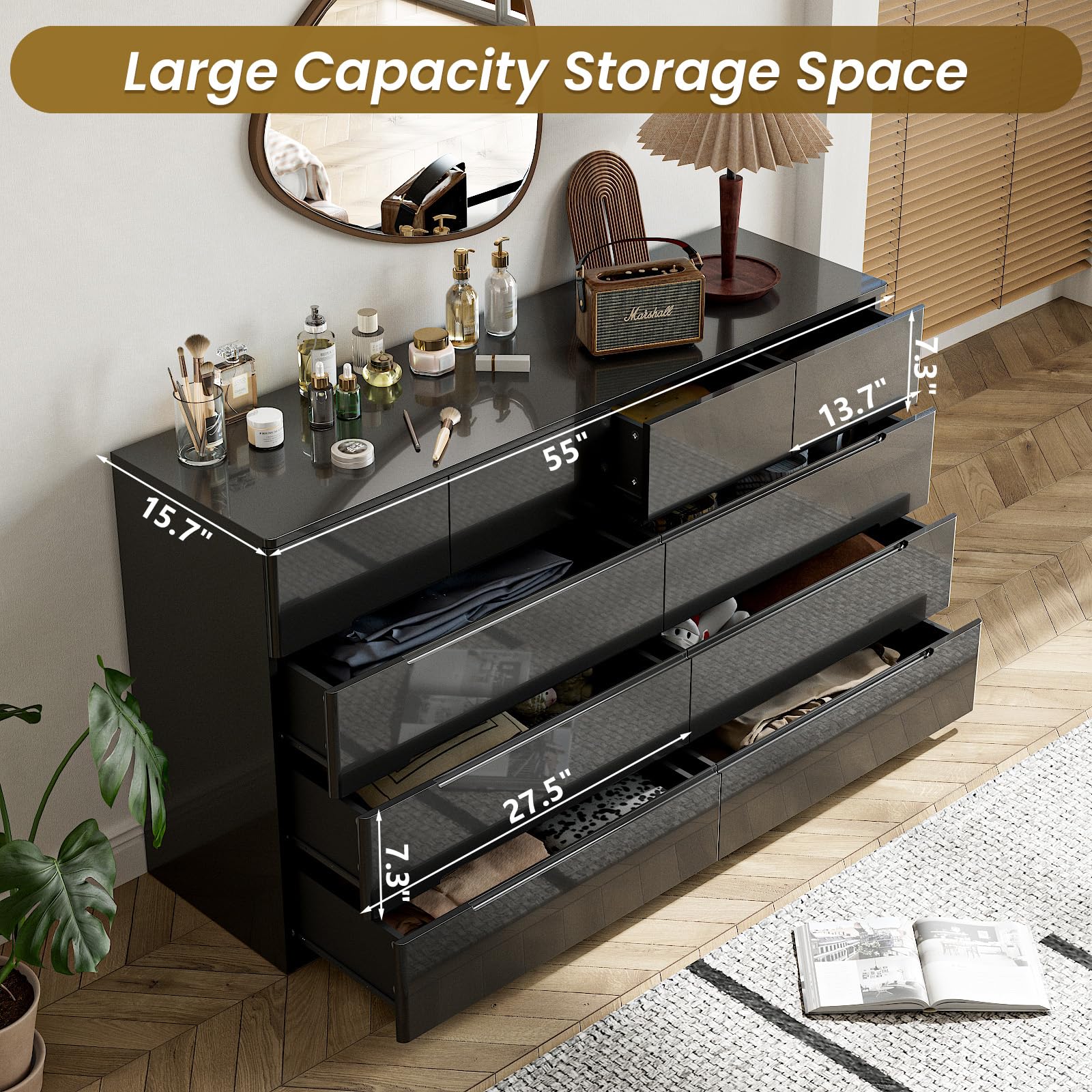 ZORPLIX Black Dresser for Bedroom, 10 Drawer Dresser, High Gloss Modern Dresser, 55" Long Dresser TV Stand, Large Double Dresser Chest of Drawers for Bedroom