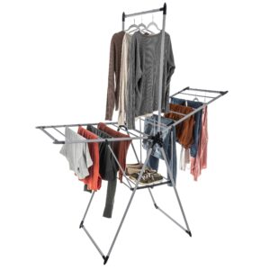 home-complete clothes drying rack - 2-level laundry drying rack with 24 drying rails, hanging bar, and 2 height-adjustable wings - indoor/outdoor foldable drying rack (platinum)