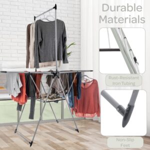 Home-Complete Clothes Drying Rack - 2-Level Laundry Drying Rack with 24 Drying Rails, Hanging Bar, and 2 Height-Adjustable Wings - Indoor/Outdoor Foldable Drying Rack (Platinum)