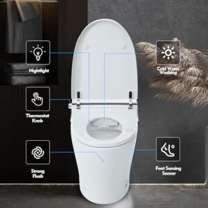 LOPOO Smart Toilet Bidet Combo, Self-Cleaning Nozzle, Dual Flush 1/1.28 GPF, Tankless Compact Toilet with Foot Sensor Flush, Knob Control, Power Outage Flushing, Night Light, Advanced Ceramic, White