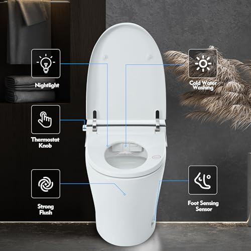 LOPOO Smart Toilet Bidet Combo, Self-Cleaning Nozzle, Dual Flush 1/1.28 GPF, Tankless Compact Toilet with Foot Sensor Flush, Knob Control, Power Outage Flushing, Night Light, Advanced Ceramic, White