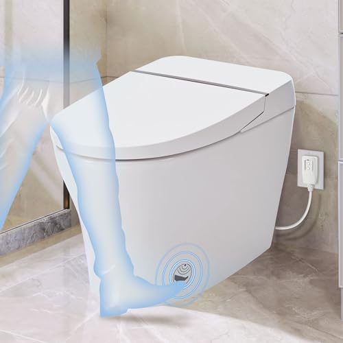 LOPOO Smart Toilet Bidet Combo, Self-Cleaning Nozzle, Dual Flush 1/1.28 GPF, Tankless Compact Toilet with Foot Sensor Flush, Knob Control, Power Outage Flushing, Night Light, Advanced Ceramic, White