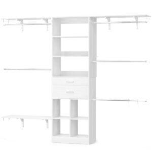 Besiost Closet System - 4.75-8FT Closet Organizer System with Wooden Drawers & Cube Storage Organizer, Up To 96" Closet Systems for Nursery & Walk-In Closets with Cuttable Hanging Shelving, White