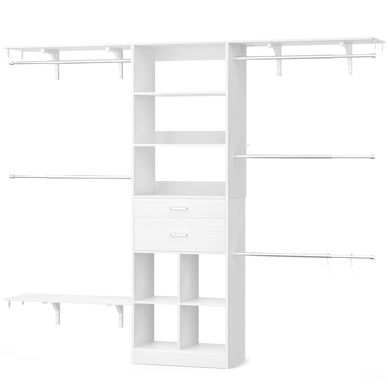 Besiost Closet System - 4.75-8FT Closet Organizer System with Wooden Drawers & Cube Storage Organizer, Up To 96" Closet Systems for Nursery & Walk-In Closets with Cuttable Hanging Shelving, White