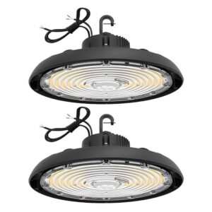 ufo led high bay light with sensor base, 120-277vac, 180w to 240w adjustable watt and cct 3500k to 5000k, ip65 commercial bay lights with 6ft wire, 0-10v dim warehouse lighting, etl listed, 2pk