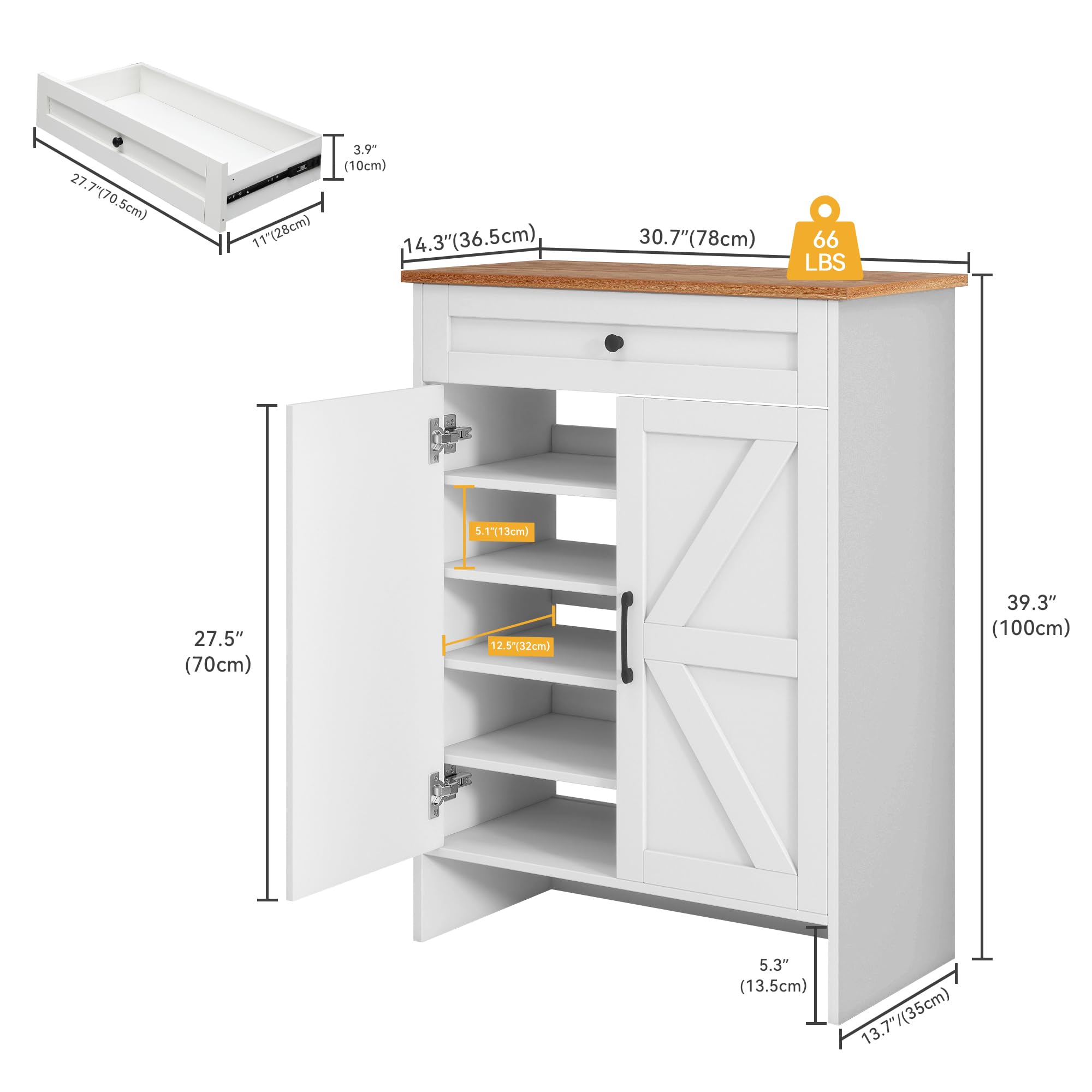 DWVO 6-Tier Shoe Storage Cabinets with Doors, Shoe Cabinet with Drawer & Adjustable Shelves for Entryway, Shoe Storage Organizer with Induction Strip for Hallway, Living Room (White)