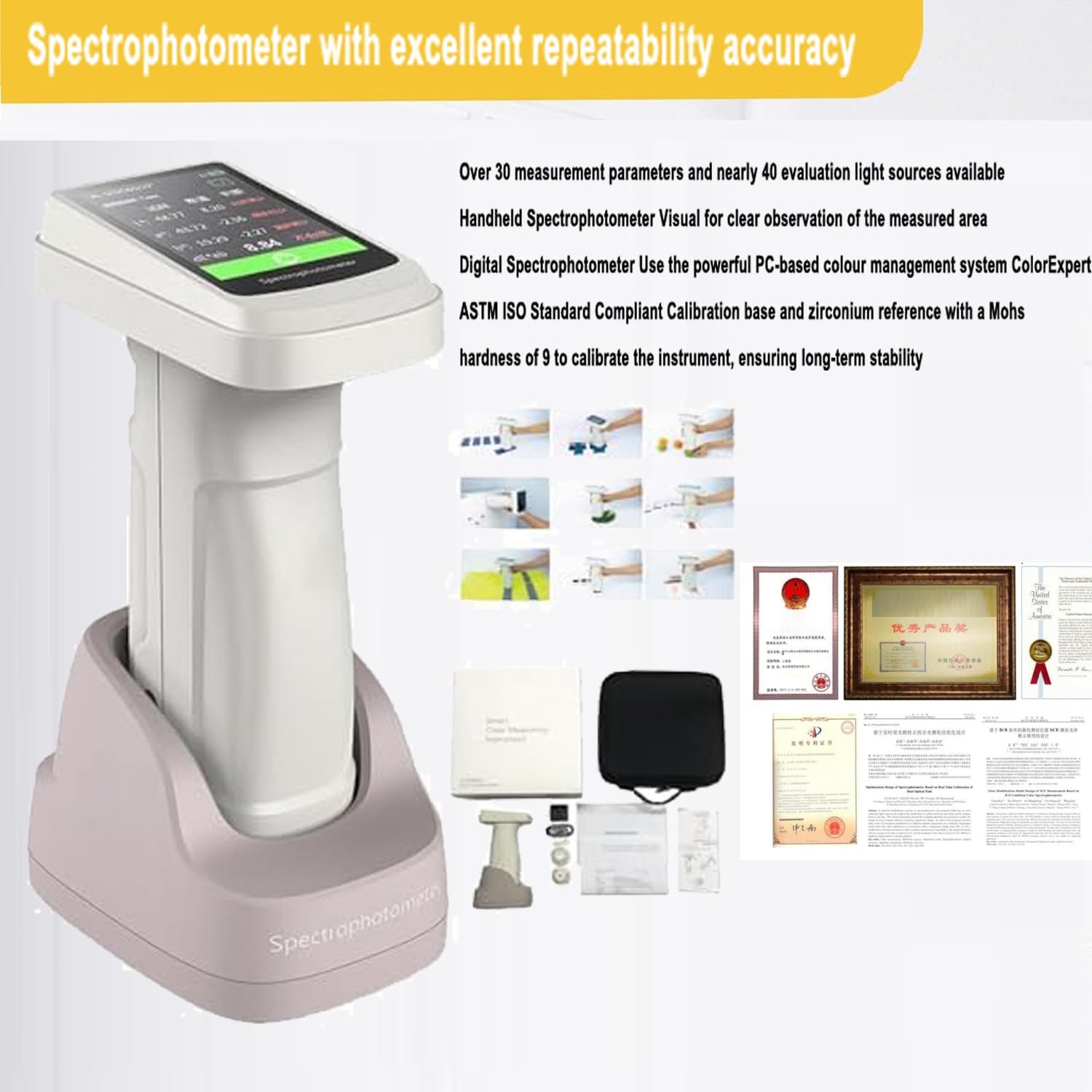 VTSYIQI Color Spectrophotometer Colorimeter Lab Spectrophotometers with Φ8mm Φ11mm Measuring Diameter Repeatability ΔE*ab≤ 0.04 Display Accuracy 0.01 Measurement Structure D/8 SCI