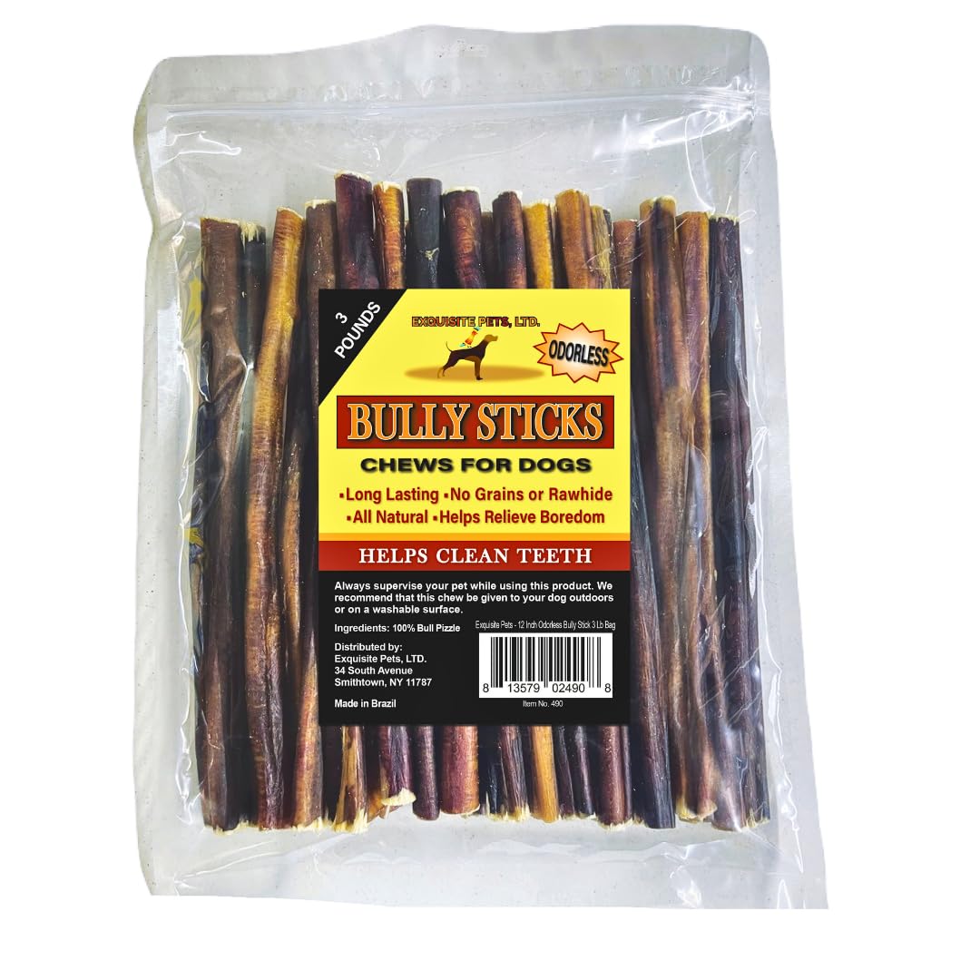 EXQUISITE PETS 12" Bully Sticks 3lb Bag Bulk 100% Brazilian Bull Pizzle Odorless Long Lasting No Grains or Rawhide Helps Relive Pet Boredom All Natural Dog Treats Wholesale Agressive Chewers